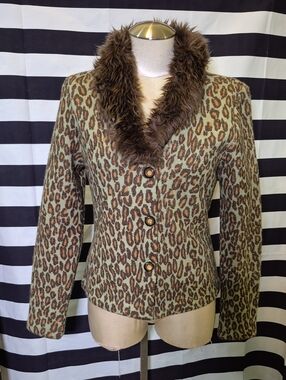 Vintage Faux Fur Trim Leopard Print Blazer Jacket -